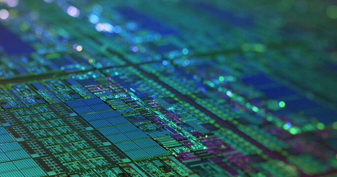 CPU Circuitry Die Shot Technology Background. Colorful data processing on silicon. Abstract data transfer. AI Processor, Quantum, virtualization of data. Chip lithography. 3D rendering, 4K loop.	