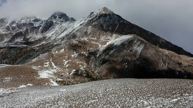 Jade Dragon Snow Mountain mountain summit peak landscape, China, aerial panorama