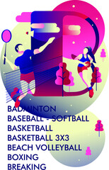 The poster with the list of sports are named with "b". Basketball woman and badminton man on the background with the letter B. Vector illustration in minimalist style in blue and pink colors