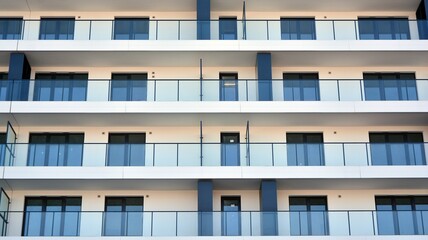 Condominium and apartment building with  symmetrical modern architecture in the city downtown.
