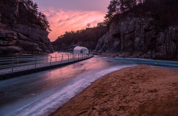 Evening, winter sky over the frozen Hantangang River in Cheorwon, South Korea. 
