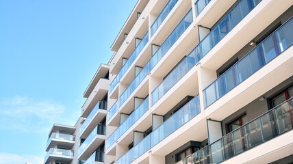 Condominium and apartment building with  symmetrical modern architecture in the city downtown.