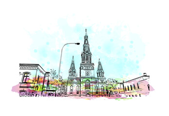 Building view with landmark of Lodz is a city in central Poland. Watercolour splash with hand drawn sketch illustration in vector. - obrazy, fototapety, plakaty