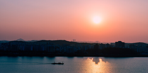 Evening scene at Han River in Seoul. Taken at Haneul Park in Seoul, South Korea. 