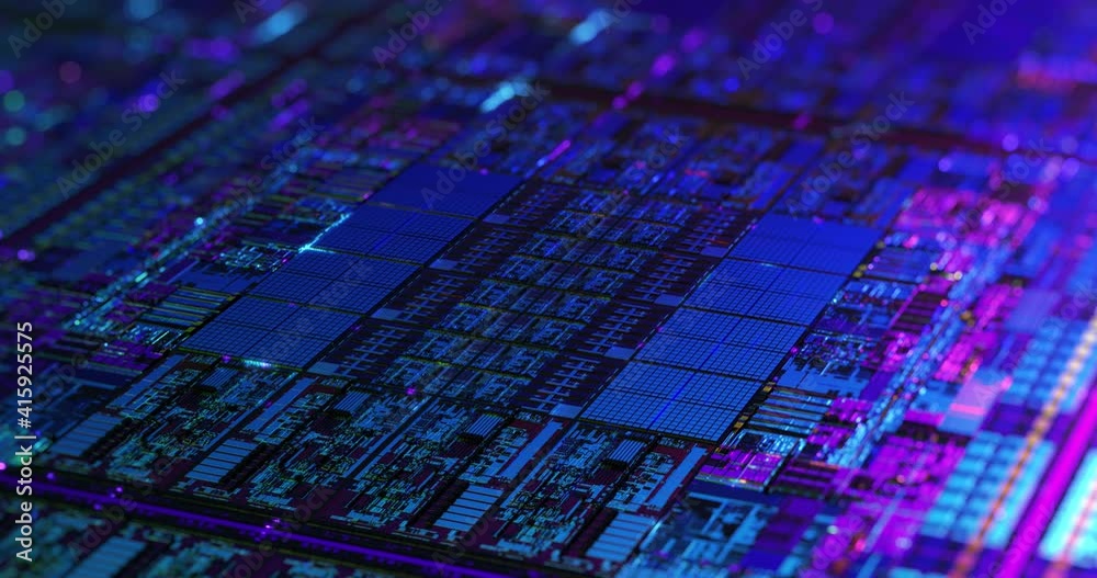 Poster digital futuristic chip, microchip processor with neon lights. quantum computer, large data processi