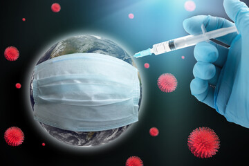 Coronavirus global vaccination concept. Earth in a protective mask, hand with a syringe makes an injection. Earth image courtesy of NASA