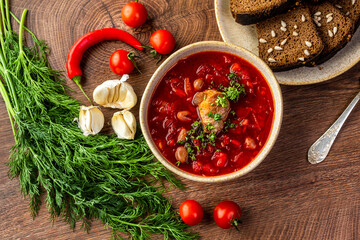 Ukrainian cuisine dishes. Borscht in a clay plate 
