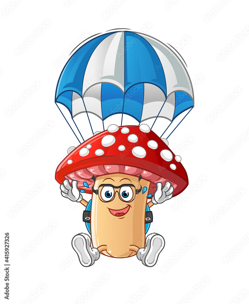 Canvas Prints fly agaric mushroom skydiving character. cartoon mascot vector