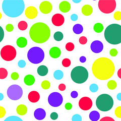 Polka dot colorful seamless pattern. Random different colors circles chaotic of different size. Vector abstract dotted background texture. Fabric, wallpaper, print, textile, wrapping design. Vector
