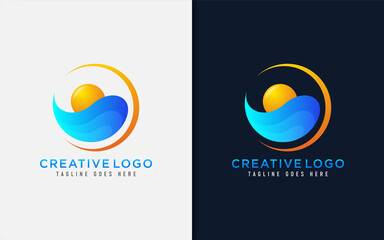 Creative Logo Design with Sun and Sea Wave Concept. Vector Logo Illustration.