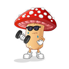 fly agaric mushroom lifting dumbbell vector. cartoon character