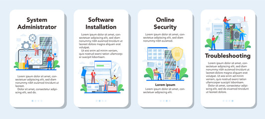 System administrator mobile application banner set. Technical work with server