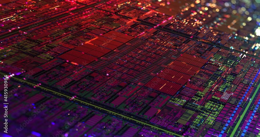 Poster iridescent multi colored silicon computer wafer with data moving within circuitry. central computer 