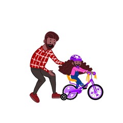 A caring father teaches his daughter to ride a bike for the first time. Father helps little girl child riding a bike. Parenting, parenting concept. flat style illustration isolated on white background
