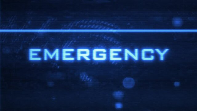 Glowing Blue EMERGENCY Title Digital Bulletin Screen with Glitches and Distortion