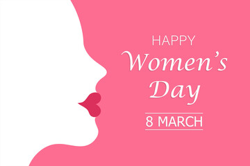 Silhouette of a woman with red lipstick and copy space with text on pink background. Womens day 8 march concept vector illustration