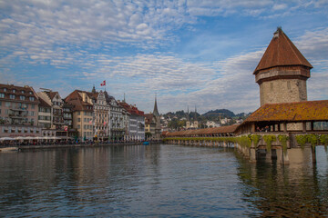 Kapellbrucke, wood covered bridge across the Reuss in Lucerne, Switzerland.