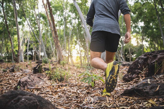 Outdoor trail running in early sunrise concept for exercising, fitness and healthy lifestyle. Young people running on country trail path. Athletes Sport Man Trail Running in the Forest.