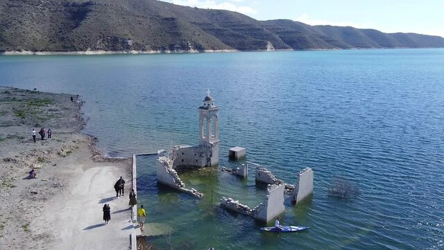 View of the famous underwater St. Nicolas Church inside the Kourris Dam, Cyprus.