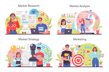 Marketing concept set. Market research and analysis. Company promotion