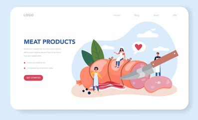 Fototapeta premium Butcher or meatman web banner or landing page. Fresh meat and semi-finished