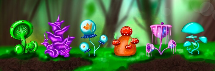Fantasy cartoon daytime forest with mushrooms landscape. illustration of magic mushrooms