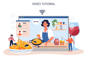 Paella online service or platform. Spanish traditional dish with seafood