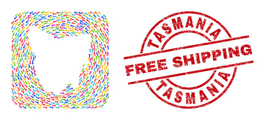 Vector mosaic Tasmania Island map of migration arrows and rubber Free Shipping seal stamp.