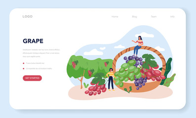 Wine maker web banner or landing page. Grape wine in a wood barrel