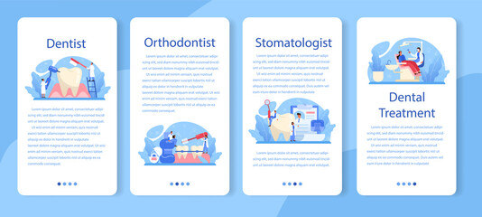 Dentist mobile application banner set. Dental doctor in uniform treating