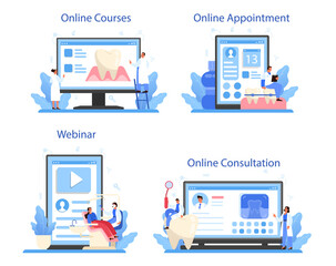 Dentist online service or platform set. Dental doctor in uniform treating