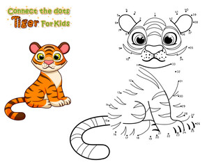 Connect the dots and draw cute cartoon Tiger. Crafts and worksheets for kid. Vector Illustration