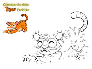 Connect the dots and draw cute cartoon Tiger. Crafts and worksheets for kid. Vector Illustration