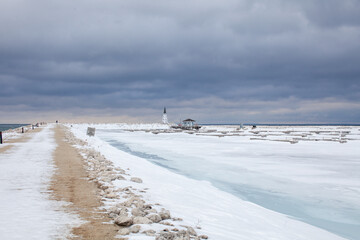Boat slips are frozen in while the Lighthouse Point Marina in Collingwood, Ontario, experiences winter storms and the freezing temperatures of Georgian Bay.