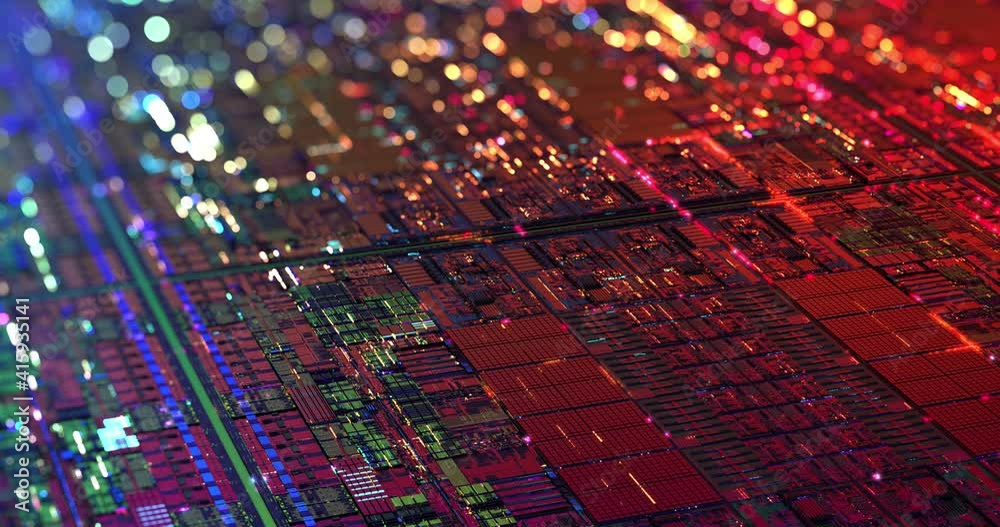 Poster iridescent multi colored silicon computer wafer with data moving within circuitry. central computer 