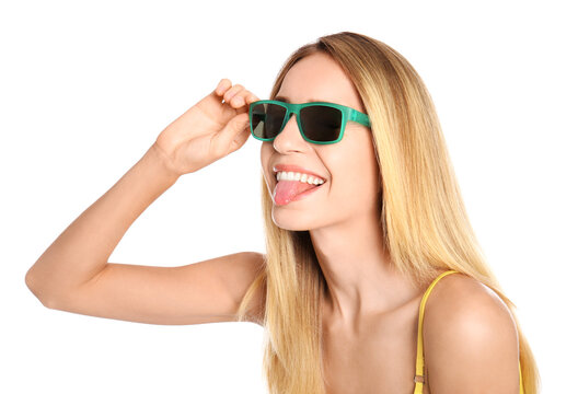 Beautiful woman in stylish sunglasses on white background