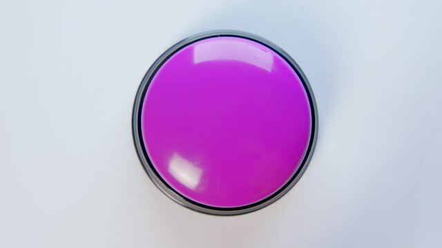 Young woman pushing purple button with a finger and palm of her hand. Press a round glossy button close up. Activation, launching something. Turn on and off.