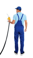 Gas station worker with fuel nozzle on white background, back view