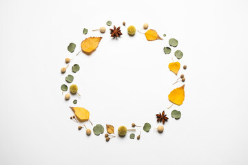 Flat lay composition with autumn leaves and space for text on white background