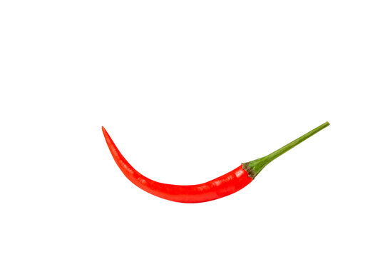 Red fresh chili pepper pod with green tail - whole hot spice icon isolated on white background. Realistic extra spicy vegetable ingredient of traditional Thai food, organic.