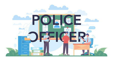 Obraz na płótnie Canvas Police officer typographic header. Detective making investigation