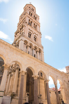 Croatia, Split. Diocletian Palace Cathedral St. Domnius bell tower framed in light entrance Peristyle Square.