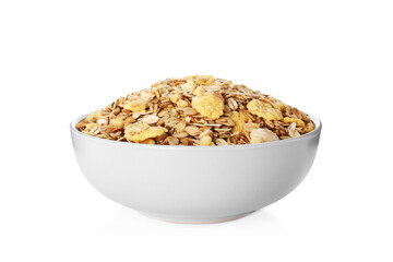 Bowl with fresh muesli on white background