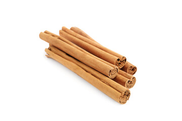 Aromatic dry cinnamon sticks on white background