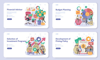 Financial consultant web banner or landing page set. Business character
