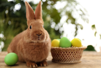 Cute bunny and basket with Easter eggs on table against blurred background. Space for text
