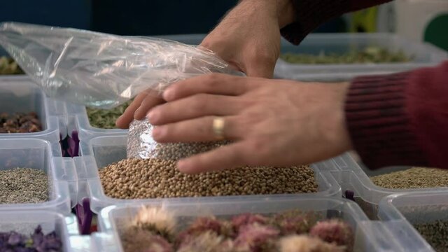 Close up of market stall with dried herbs and seasonings. Yellow mustard seeds for sale at market counter. Male sellers hands close up.