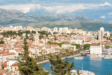 Fototapeta na wymiar Croatia, Split. View from Marjan Hill to Old Town Split, Riva, harbor, Diocletian Palace, Dinaric Alps.