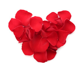 Heart made with red rose petals on white background, top view