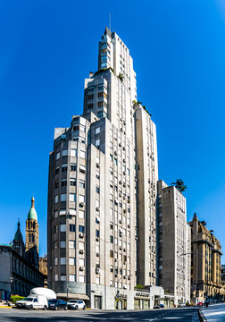 Argentina, Buenos Aires, the Kavanagh building with in the background the Basilica Santislmo Sacramento